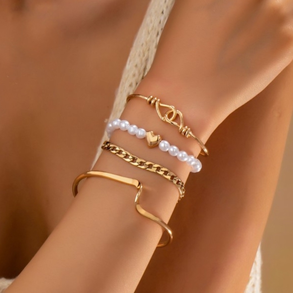 Gold Pearl Heart Charm Multi Bracelet Set